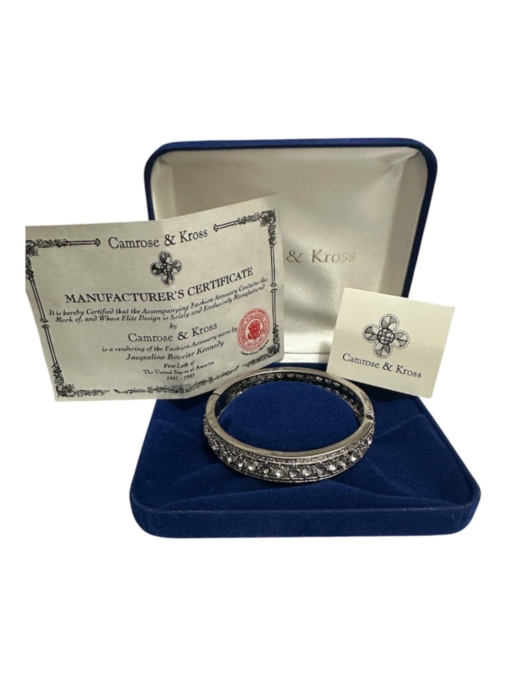 Camrose & Kross JBK Jacqueline Kennedy Crystal Hinged Bangle Bracelet — Box & Ce
